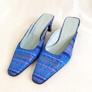 Enzo Logana blue geometric fabric low heel slip on mules size 37.5 or US 7